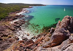 Prints of Picture perfect Castle Rock Bay framed by the striking formations of Sail Rock to the west and Castle Rock to the east Western Australia (WA) Prints: Castle Rock Beach, Western Australia