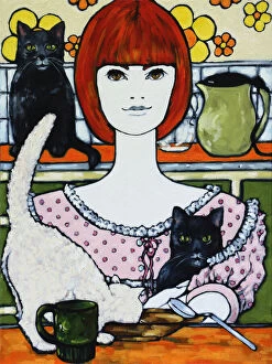 Judi Parkinson Artworks Collection: Cat Lady with Cats in a Retro Ktchen Painting