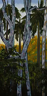 Images Dated 26th July 2018: Childrens Treehouse in Garden with Sunrise Background Oil Painting