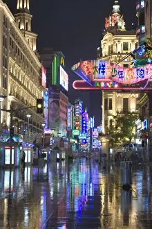 City Life Prints: China, Shanghai, Nanjing Road, neon signs at shopping precinct, night