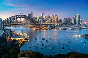 Images Dated 13th July 2019: Cityscape image of Sydney, Australia with Harbor Bridge and Sydney skyline during sunset