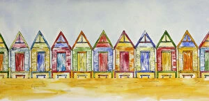 Art Collection: Colorful Beach Shacks in a Row Pen and Wash Painting