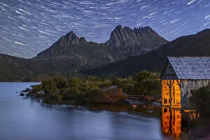 James Stone Nature Photography Collection: Cradle Mountain and Dove Lake Boat Shed by night