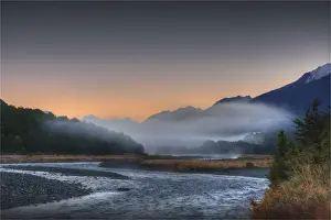 Eglington Valley Prints: Dawn mist rising from the Eglinton Valley, south island, New Zealand
