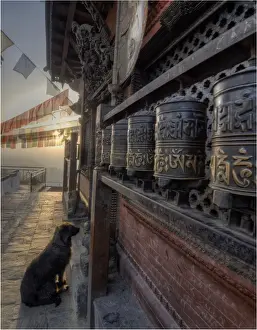1970 1979 Prints: Dawn at Swayambunath temple and Prayer wheels used in worship, Western Himalayas, Nepal