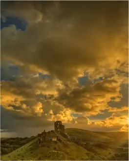 A dawn view of Corfe Castle, Isle of Purbeck, Dorset, England, United kingdom
