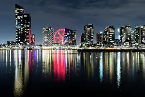 Docklands city skyline and Melbourne Star Observation Wheel illuminated at night