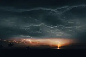 Dramatic scene showing lightning from a violent thunderstorm, Kununurra, Western Australia, Australia