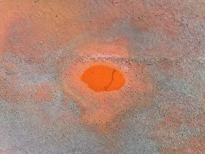 Prints of Abstract Aerial Art Mining Australia Prints: Drone image looking down on a circular shaped pool of water in an iron mine