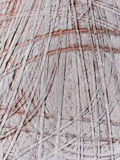 Abstract Aerial Art Prints: Drone image looking down on tire tracks in a dry salt lake, South Australia, Australia