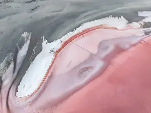 Abstract Aerial Art Prints: Drone photograph showing a majestic pink coloured salt lake
