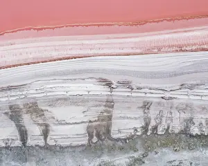 Drone view at the edge of a pink salt lake, Victoria, Australia