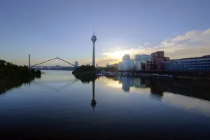 Dusseldorf Rheinturm and Gehry-buildings Der Neue Zollhof in Hafen at sunrise
