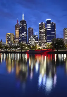Allan Baxter Prints: Financial district of Melbourne and River Yarra illuminated at night