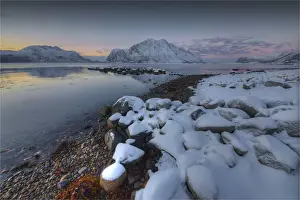 Images Dated 20th February 2014: Flakstadoya region along the coastline at first light of a winters morning