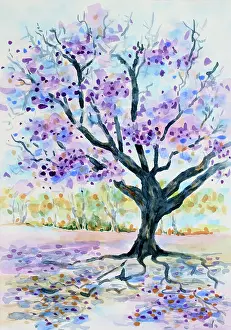 Tree Prints: Flowering Jacaranda Tree Landscape Watercolor Painting