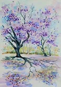 Flowering Jacaranda Trees Landscape Watercolor Painting