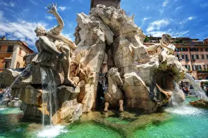 Medieval Prints: The Fountain of the Four Rivers in Piazza Navona, Rome, Lazio, Italy