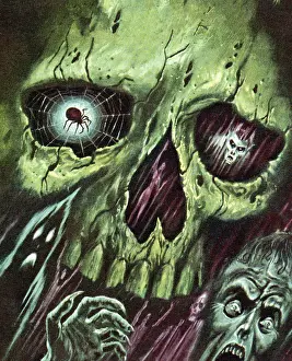 Spider Web Prints: Green Skull With Monsters and Zombies