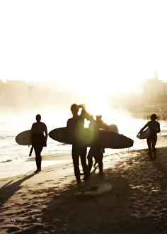 Recreational Pursuit Prints: Group of surfers on the beach