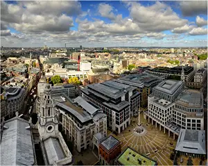 A high elevational view of the city of London, from the vantage point atop St. Pauls Cathedral, London England