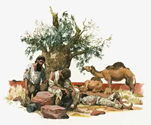 Survival Prints: Illustration of Australian explorers Burke, Wills and King suffering from exhaustion