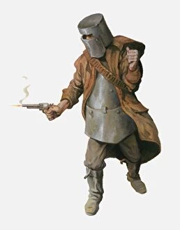 Art Collection: Illustration of Ned Kelly wearing home made armour and shooting handgun