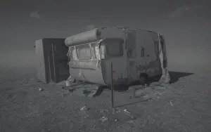 Kristian Bell Photography Prints: Isolated old and abandoned camper isolated in a field with fog and bones