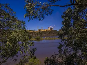 Lake Narracan and a view of the Yallourn north coal powered power station, Moe