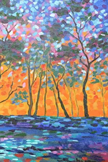 Judi Parkinson Prints: Landscape of Sun Setting through Silhouetted Trees Original Acrylic Painting
