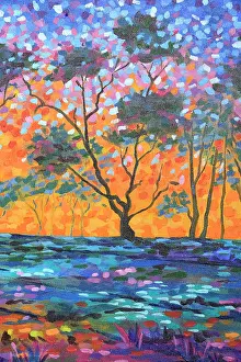 Judi Parkinson Prints: Landscape of Sun Setting through Silhouetted Trees Original Acrylic Painting