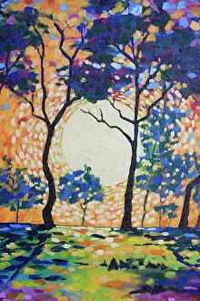 Judi Parkinson Prints: Landscape of Sun Setting through Silhouetted Trees Original Acrylic Painting
