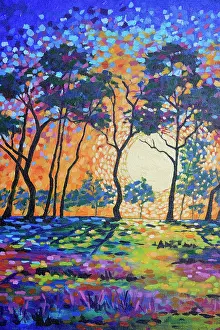 Judi Parkinson Prints: Landscape of Sun Setting through Silhouetted Trees Original Acrylic Painting