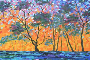 Judi Parkinson Prints: Landscape of Sun Setting through Silhouetted Trees Original Acrylic Painting