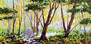 Judi Parkinson Prints: Late Afternoon Sunlight through Trees with Dappled Sunlight on Pathway Acrylic Painting