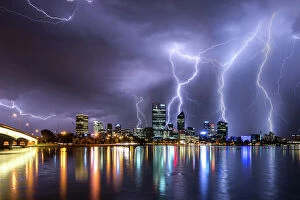 Lightning Strikes Collection: Lightning strikes over the skyline of Perth Western Australia