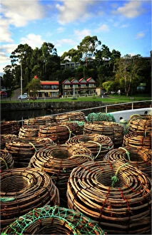 Images Dated 2009 April: Lobster pots stacked on the Strahan wharf, west coastline of Tasmania