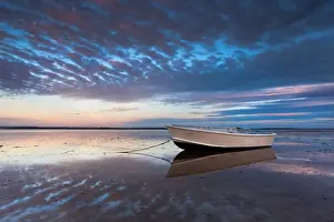 Moored Prints: Lone boat at dusk