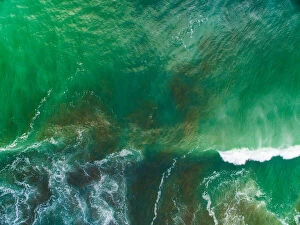Ocean Wave Aerials Collection: Top looking down at sea waves splashing at Muriwai Beach, Auckland