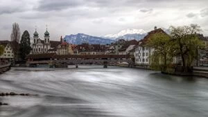 Images Dated 6th April 2015: Lucerne old town Jesuit Church and wooden bridge