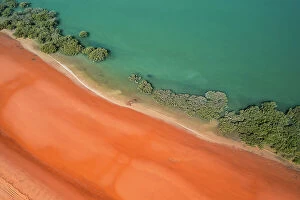 Images Dated 13th July 2023: Mangrove trees running alongside Simpson Beach shot from a high angle perspective, Broome