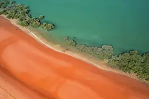 Mangrove trees running alongside Simpson Beach shot from a high angle perspective, Broome, Western Australia, Australia