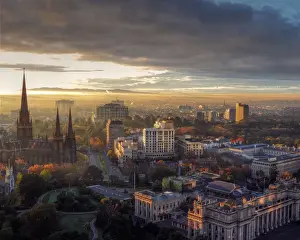 Prints of Panorama over East Melbourne, foggy autumn sunrise in Melbourne Melbourne Prints: Melbourne sunrise