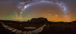 James Stone Nature Photography Collection: Milky Way arch over Cradle Mountain with crazy red airglow