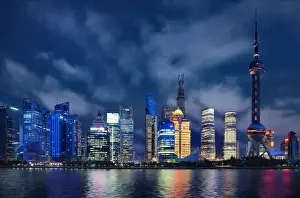 Lights Prints: The Modern Skyline of Pudong Along Huangpu River, Shanghai, China