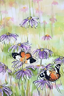 Monarch Butterflies Resting on Aster Asteraceae Daisies Watercolor Painting
