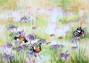 Judi Parkinson Prints: Monarch Butterflies Resting on an Aster Asteraceae Daisy Flowers Mixed Media Painting