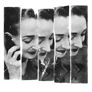 Looking Down Prints: Montage of a Smiling Woman on a Cellular Phone