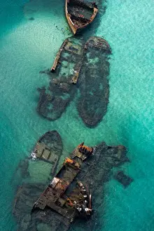 Aerial Prints: Moreton Island - a close up aerial shot of the Shipwrecks from a helicopter