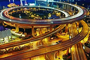City Life Prints: Nanpu Bridge and traffic on highway, dusk